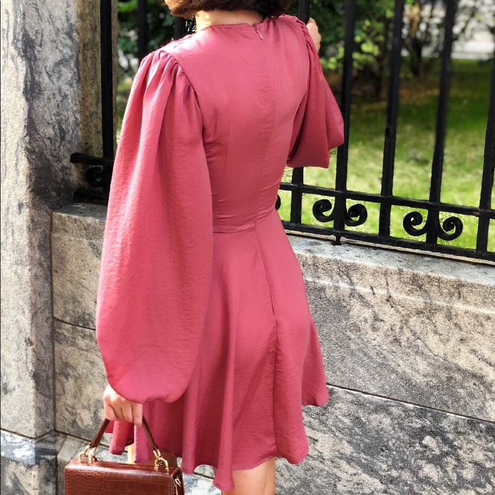 Wore once! Rose Pink Satin Puff Sleeve Dress - Picture 5 of 9